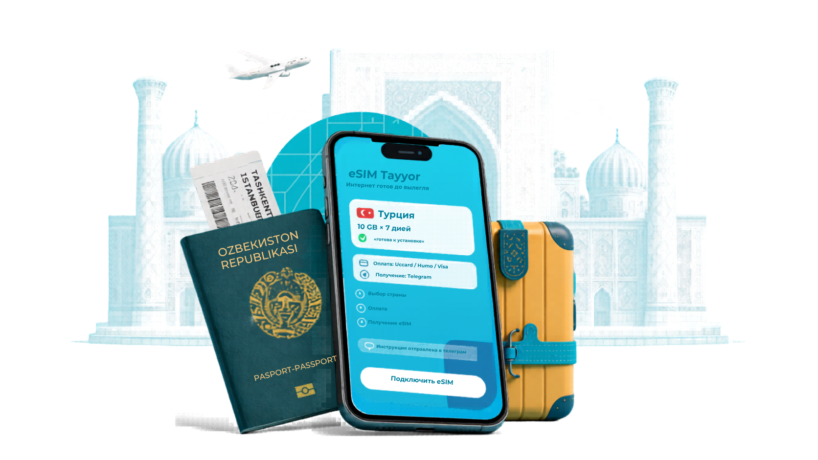 eSIM Tayyor: телефон, паспорт, билет, чемодан и Самарканд